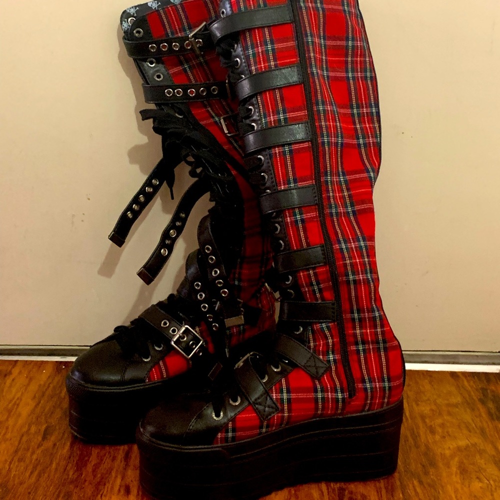 Long red plaid platform boots